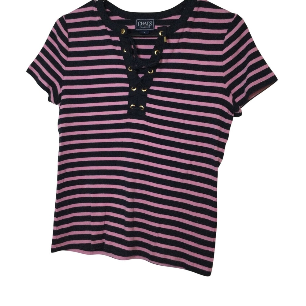 Chaps‎ Classics Striped Lace-Up T-Shirt Short Sleeve Casual Top Small